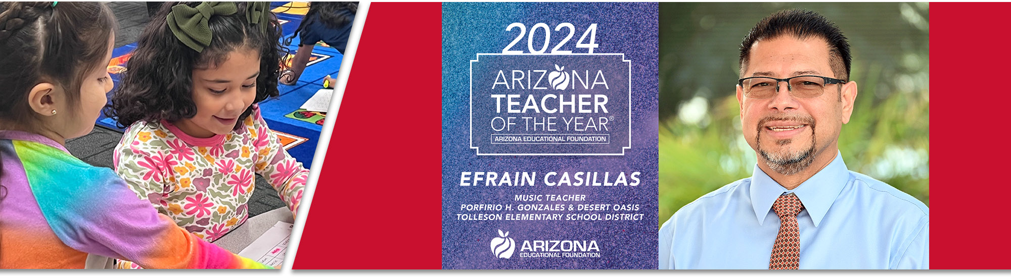 A group of students under an umbrella in the rain and our teacher Mr. Efrain Casillas being named 2024 Arizona Teacher of the Year!