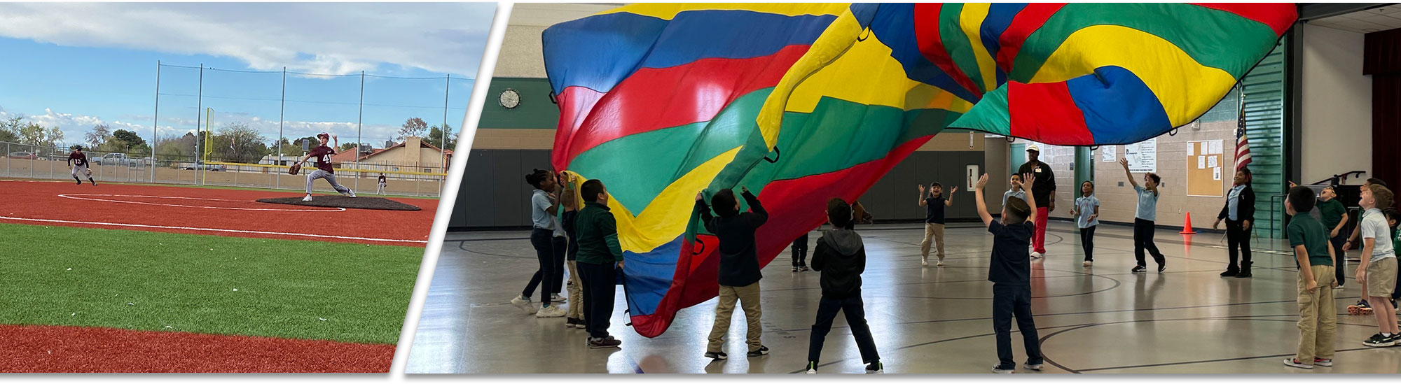 Students playing baseball, and students playing with a parachute in gym class