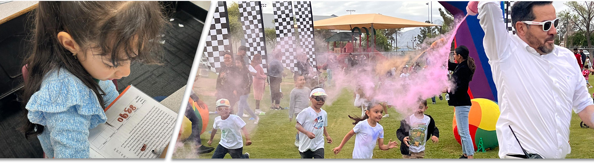 Girl reading a textbook, and students running in the Color Fun Run with a teacher