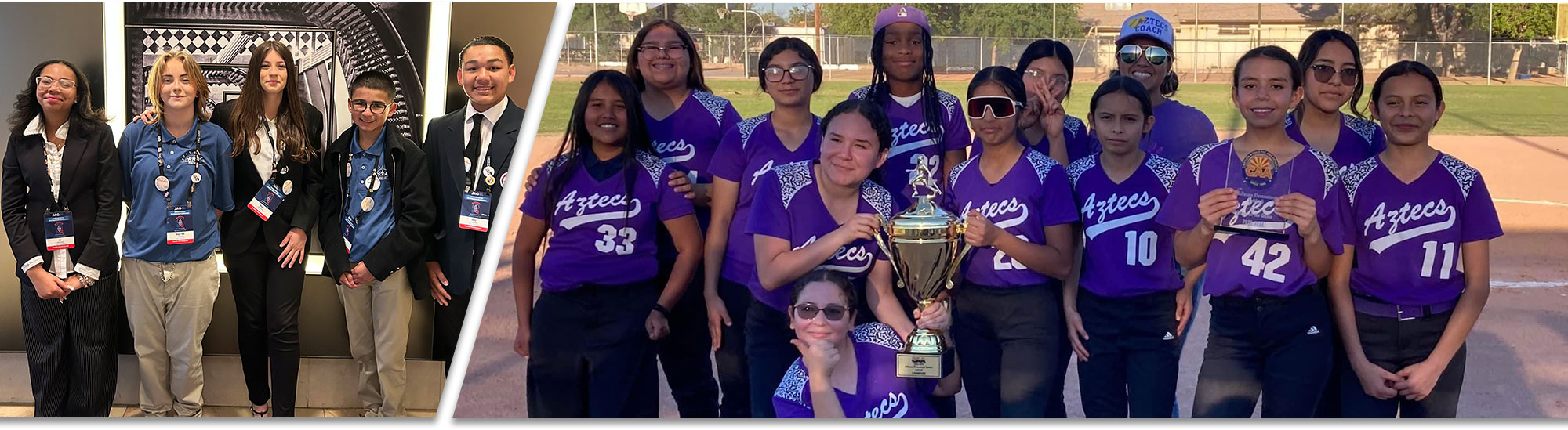 Students at a conference, and softball team holding a trophy